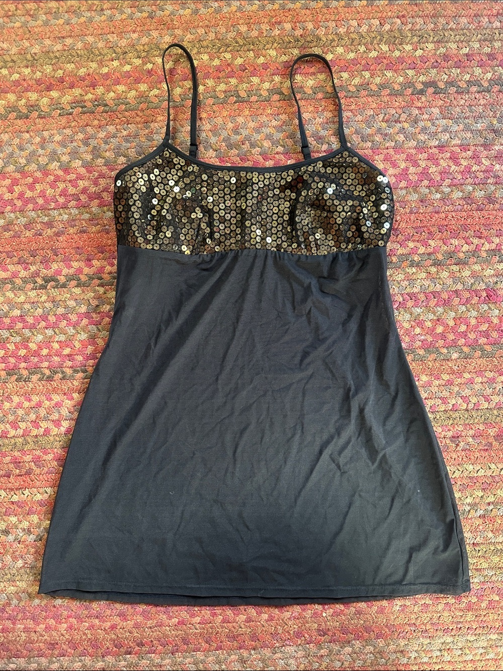 VTG VICTORIAS SECRET Black SHEER Gold Sequin Bust Detail SLIP